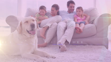 punto de luz contra la familia caucásica y su perro en casa