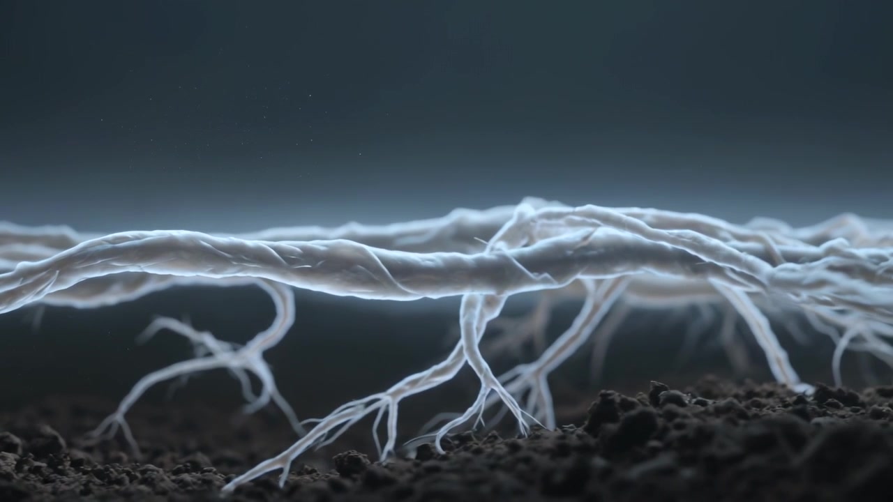Extending braided network on soil contact, probing, extending rootlets under bluish rim light