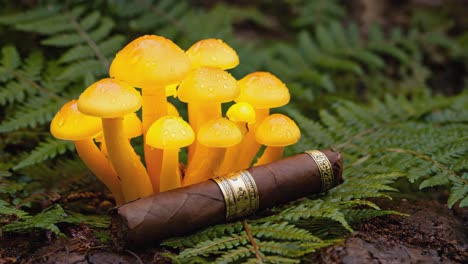 cigar among luminous yellow mushrooms and ferns
