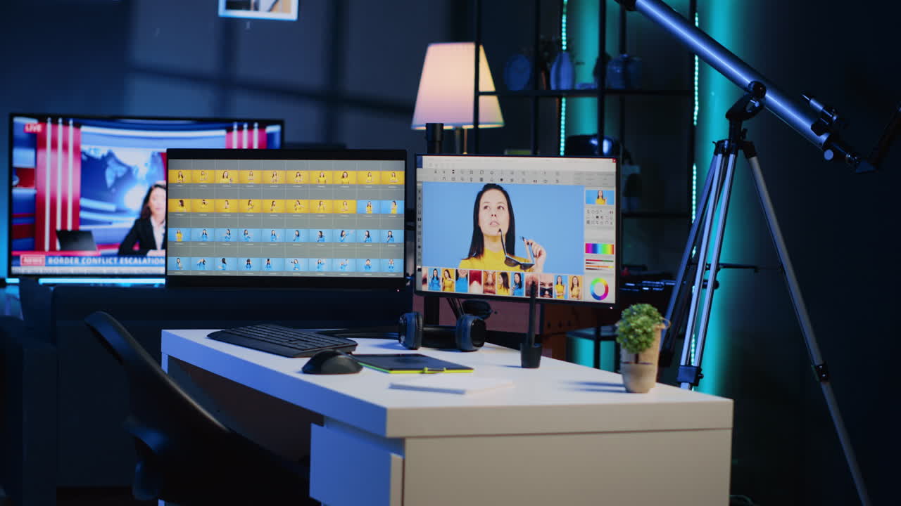 Photo processing software interface on computer screens in creative agency studio