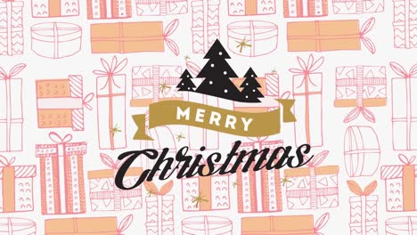 Animation-of-merry-christmas-text-banner-over-christmas-gifts-pattern-design-on-white-background