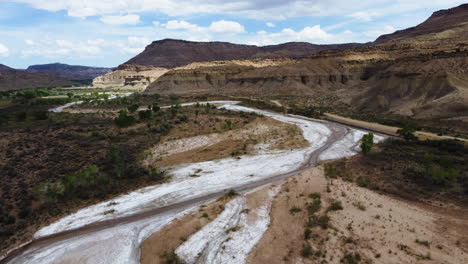 Vista-Aérea-De-Una-Carretera-Ancha-Que-Cruza-Un-Valle-Incrustado