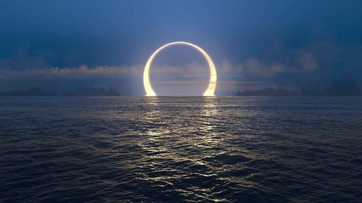 Blue sunset and solar eclipse over seamlessly looped ocean.