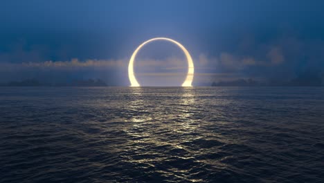 blue sunset and solar eclipse over seamlessly looped ocean.