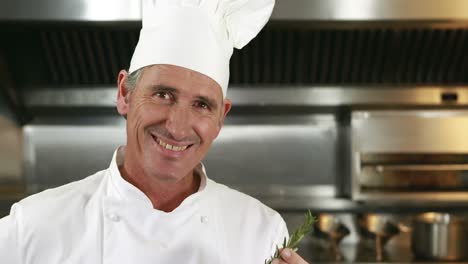 handsome chef smelling rosemary and doing ok sign