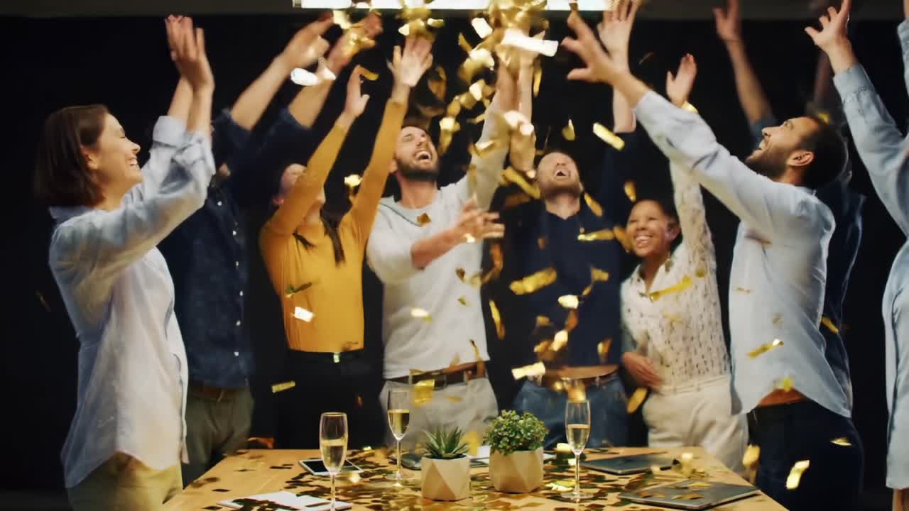 Celebrazione dello stare insieme: un gruppo di amici si diverte in un'atmosfera festosa, celebrando un'occasione speciale con risate, entusiasmo e momenti di allegria