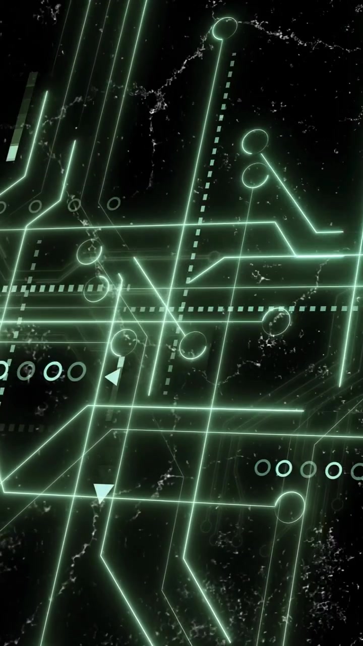 Video verticale: Rete di circuiti al neon con panoramica e pulsazioni per mostrare il flusso di dati direzionale.