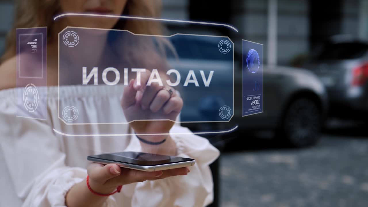 la rubia interactúa con las vacaciones holográficas de hud