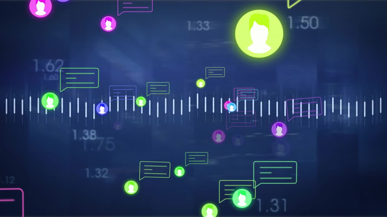 Opening blue waveform backdrop driving icons drifting while orange line rising showing trends