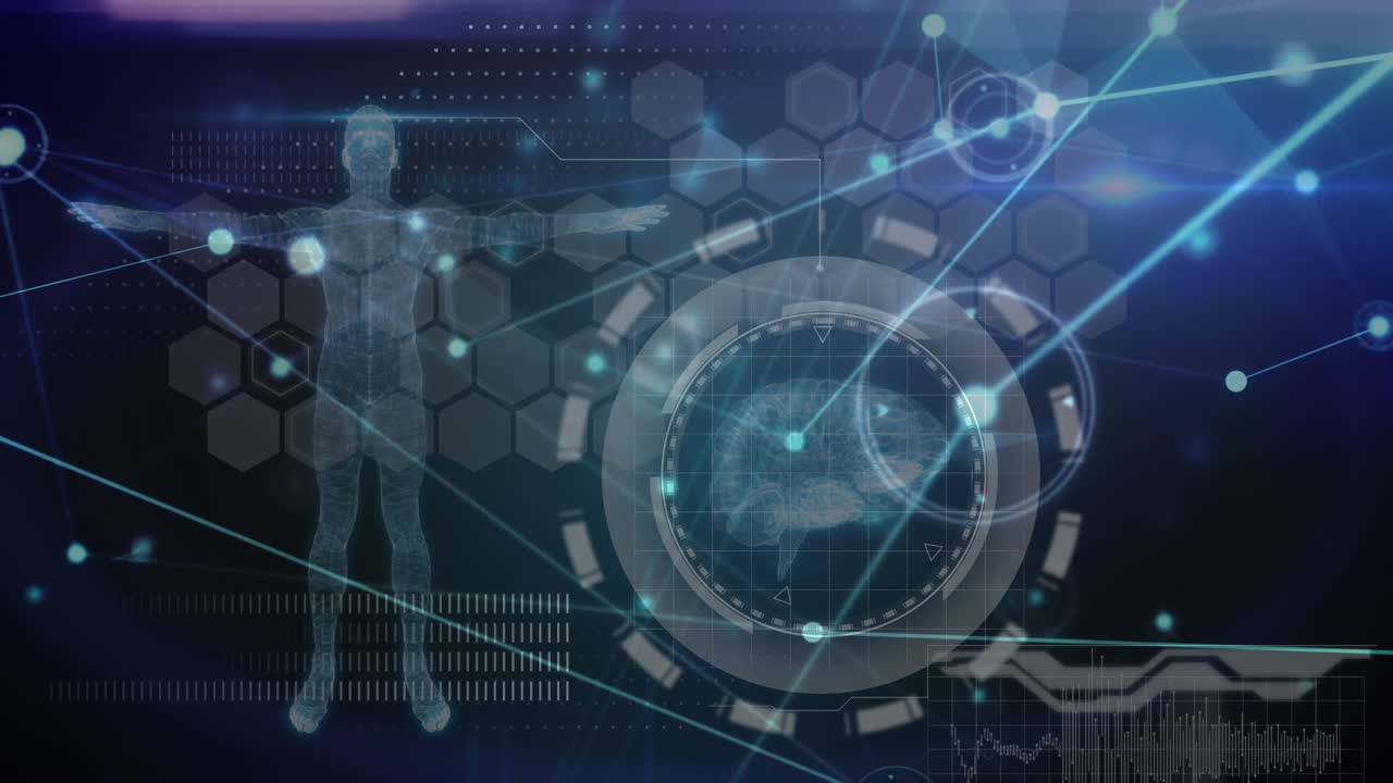 Network of connections over digital interface with medical data processing on blue background