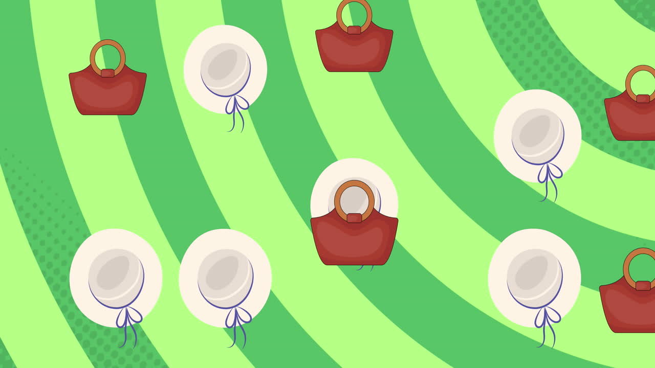 줄무 ⁇  배경 위에 떨어지는 가방과 모자의 애니메이션