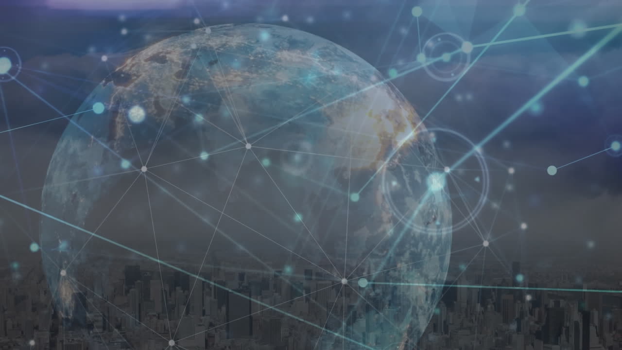 animación de la red de conexiones y globo sobre el paisaje urbano