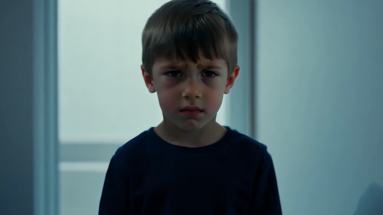 슬프게 보이는 집 안에 서 있는 어린 소년