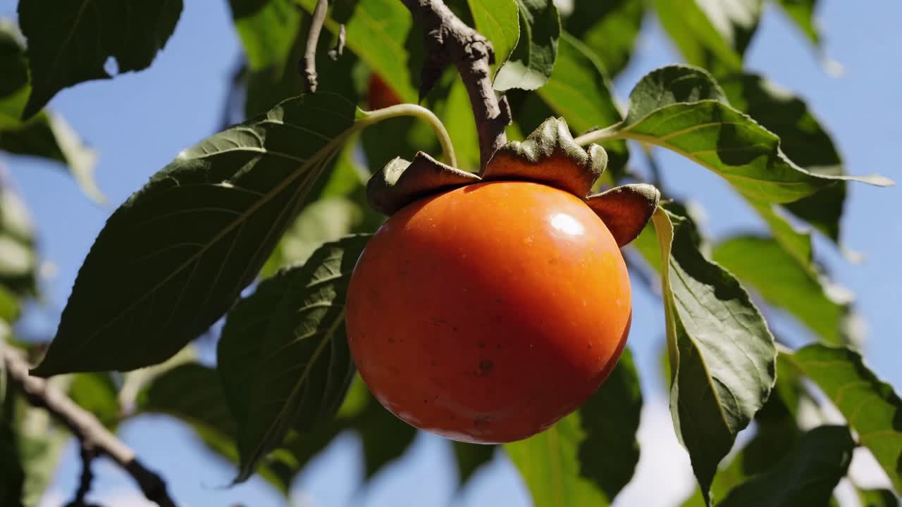Close-up video shot of a ripe persimmon hanging on a tree branch, captured from a low angle
