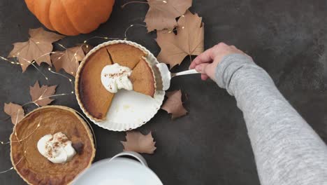 4k pumpkin pie flat lay and lights twinkling.