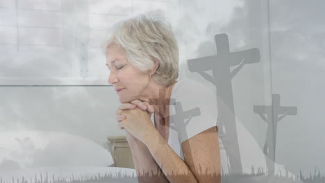 praying, elderly woman over cross and clouds in spiritual animation