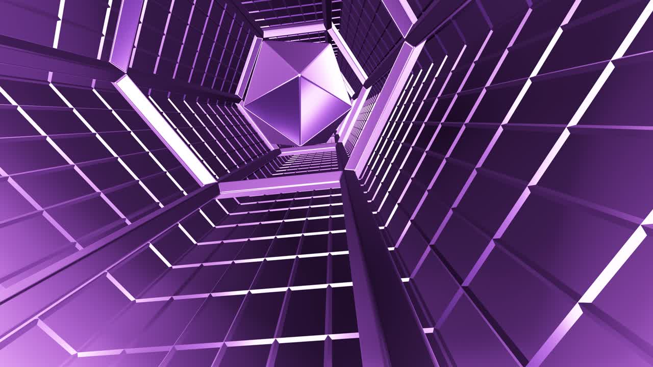el vuelo del prisma a través del místico túnel lila de estructuras metálicas. animación de bucle para vacaciones, vj