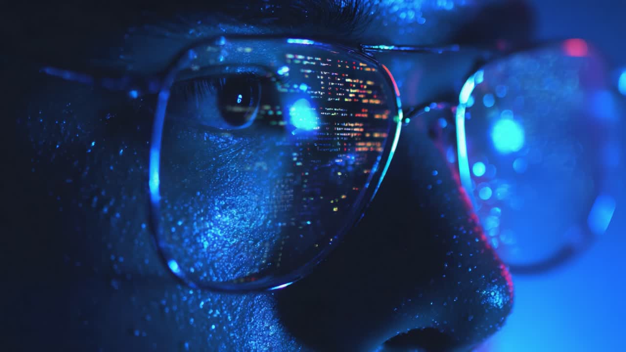 Close-Up of a Glazed Eye Reflected with Vibrant Digital Lights, Showcase of Urban Aesthetics and Futurism in a Blue-Tinted Ambiance
