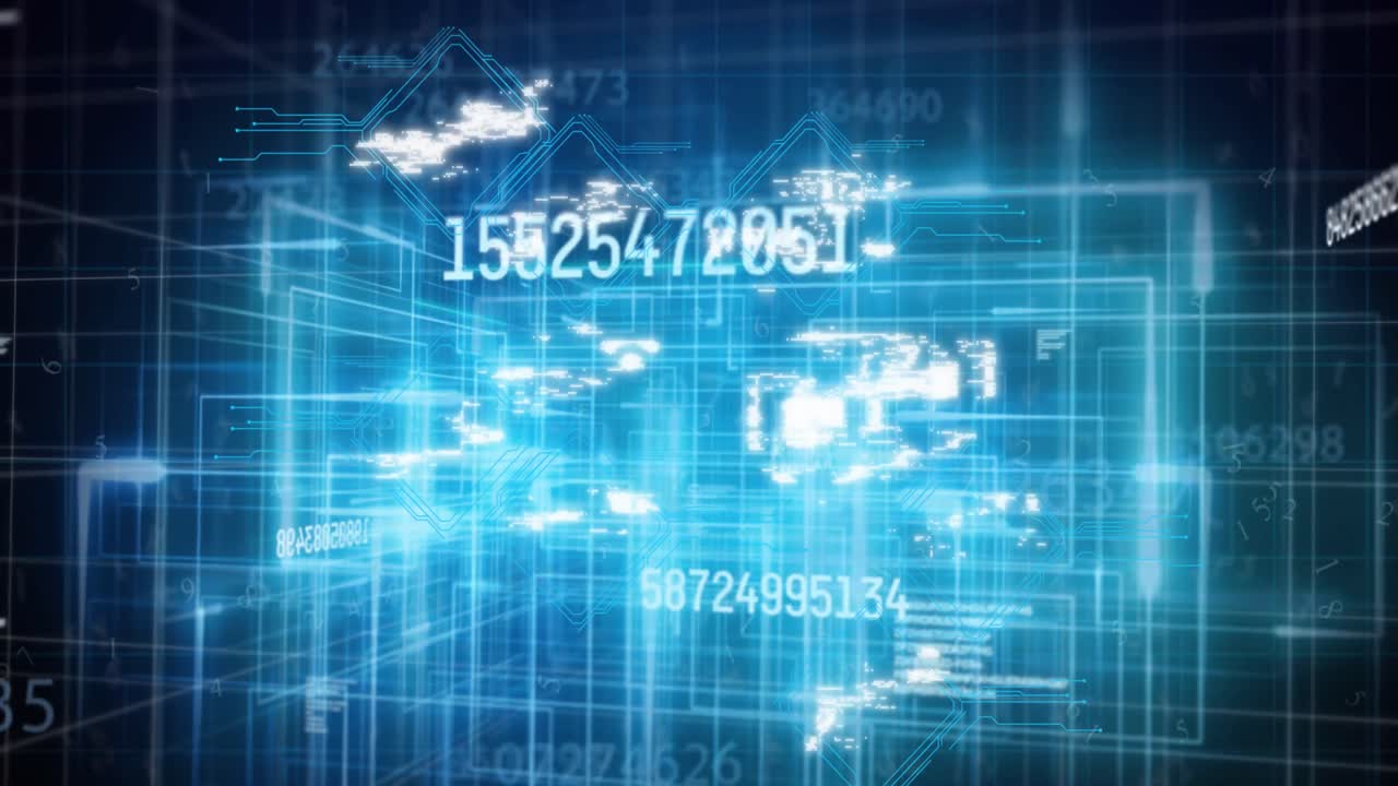 Animation of numbers changing data processing over digital icons and glowing lines