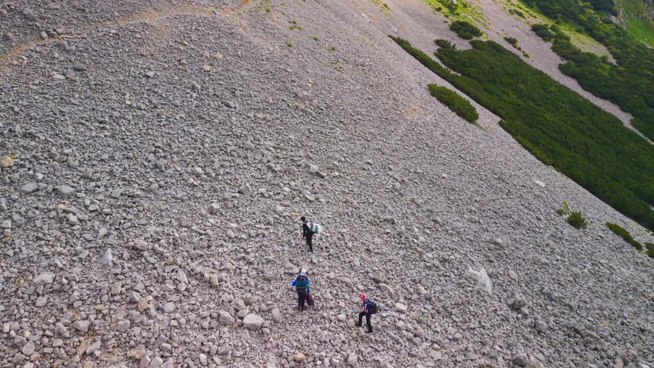 Hikers navigating a steep scree slope below limestone cliffs in Durmitor National Park, Montenegro