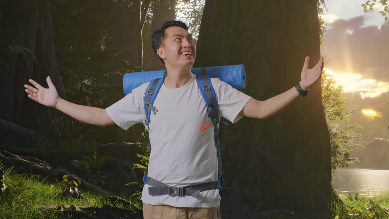 산악 배을 들고 미소 짓고 팔을 펴고 숲의 자연을 탐험하는 동안 주변의 풍경을 즐기고 있는 아시아 남성 하이커