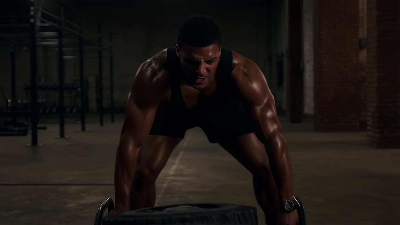 Muscular Man Pushing Sled During Intense Gym Workout