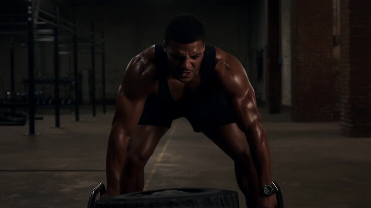Muscular Man Pushing Sled During Intense Gym Workout