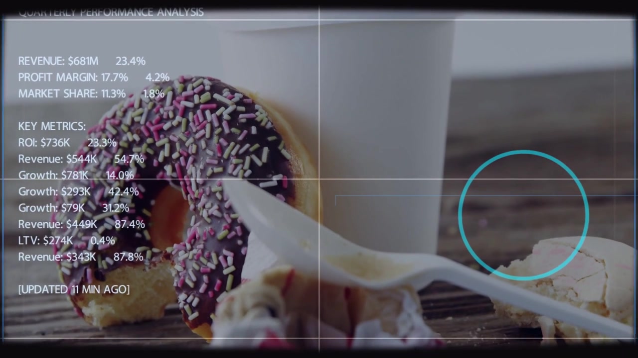 Showing chocolate donut leaning against white cup on dark table, animating analytics UI with spoon