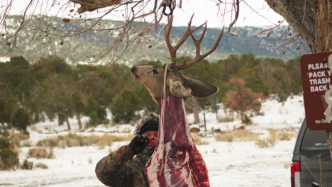 dead flayed buck hanging from a tree