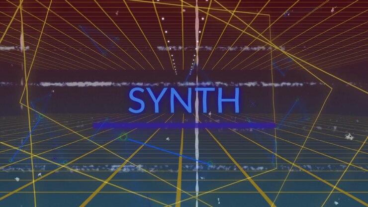 Glitch artifact sweeping across yellow grid floor and ceiling, revealing fading blue SYNTH text