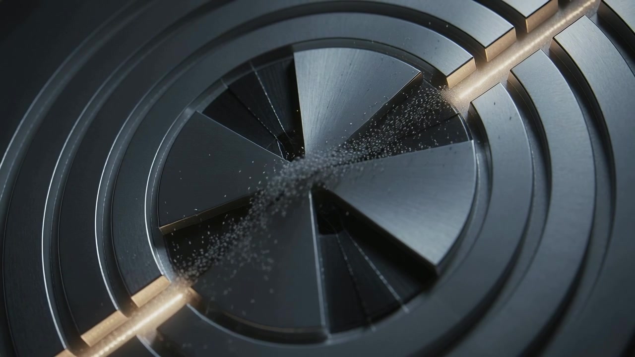 Streaming dark granules from gold-lit channel onto ringed metal disc, scattering across rotor