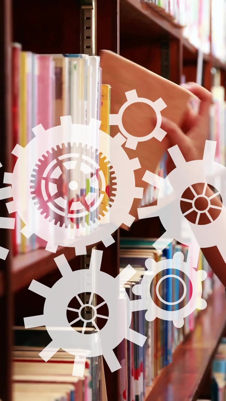 Gears and cogs animation over person reading book in library