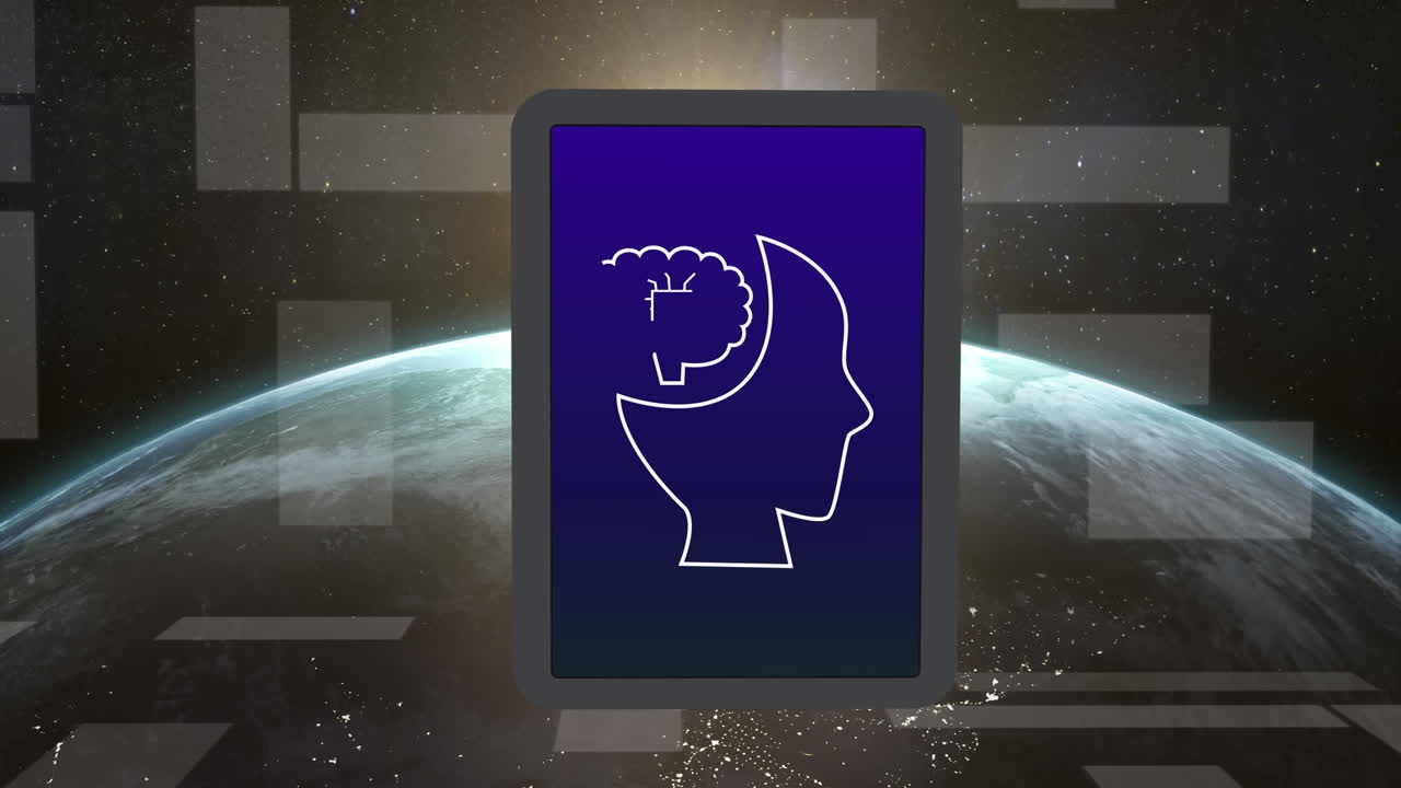 animación del procesamiento de datos de la ia sobre la tableta y el fondo oscuro del globo