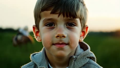 niño sonriendo alegremente a la cámara mientras está de pie en un campo durante una hermosa puesta de sol