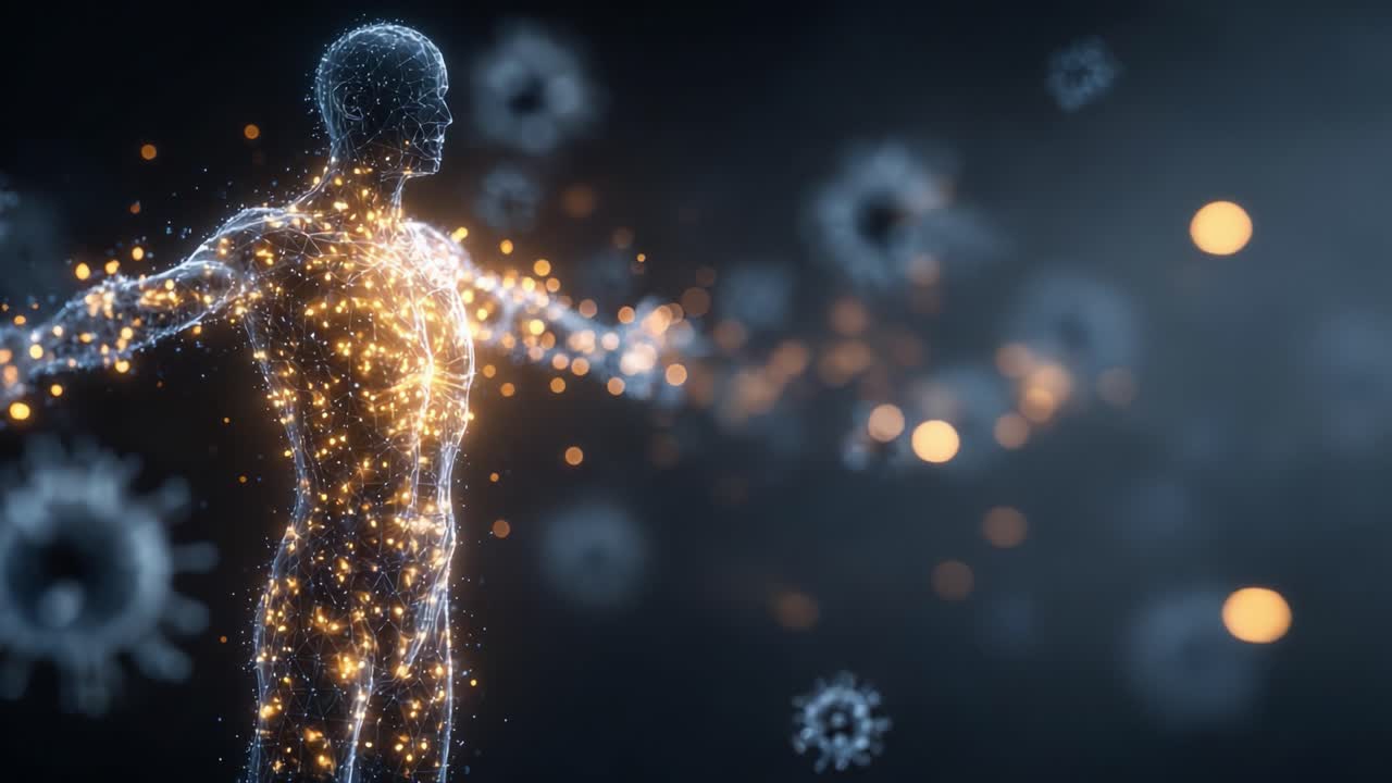 A Stunning Visual Representation of the Human Body's Immune System, Illustrating the Battle Between Healthy Cells and Pathogens in a Sparkling, Ethereal Environment