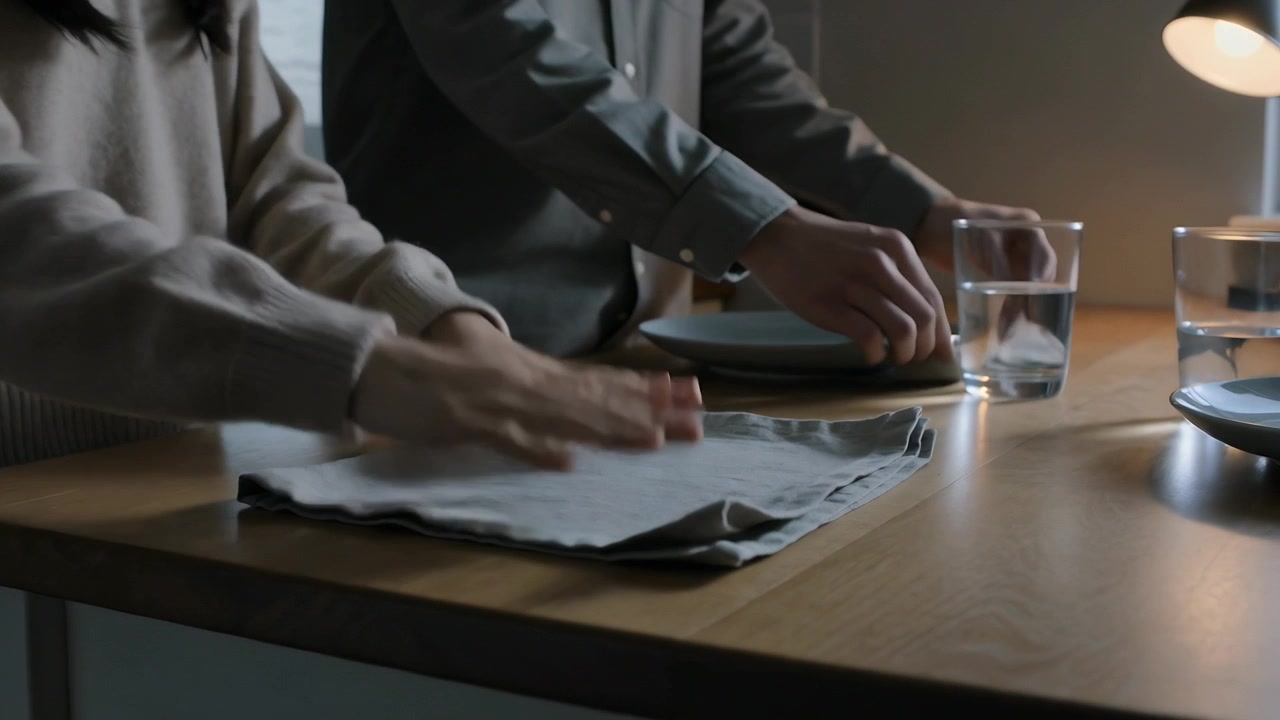 Lifting napkin, sweater woman smoothing, button-up man aligning plates, glasses on counter for two