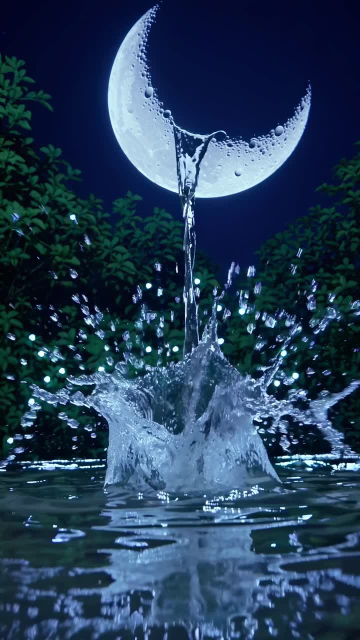A surreal video concept with a crescent moon pouring water into a reflective pool