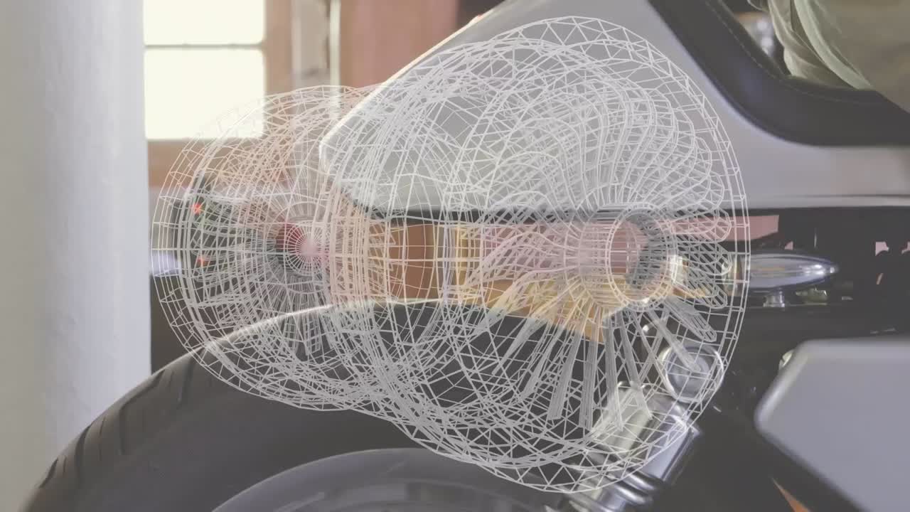 Animation of 3d engine drawing over motorcycle wheel