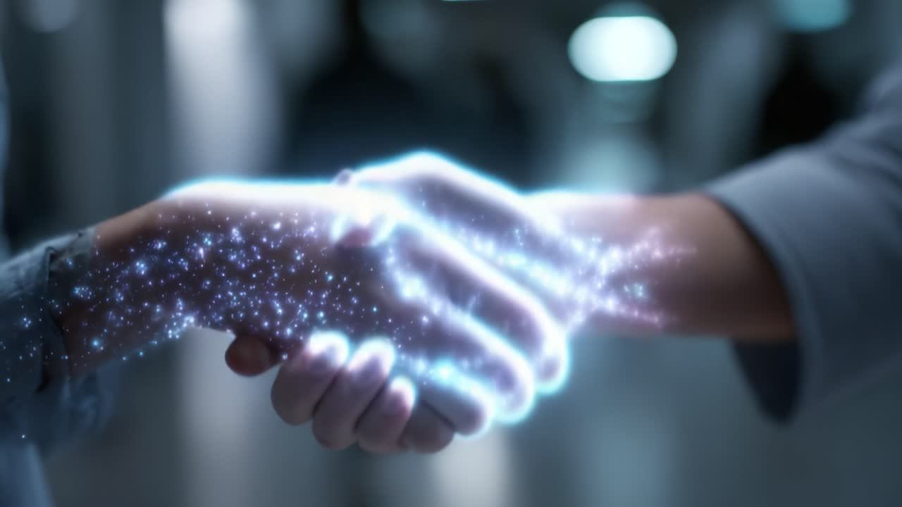 Two Hands Engaging in a Magical Handshake, Conveying Connection and Collaboration with Sparkling Particles Representing Energy and Unity in a Futuristic Environment