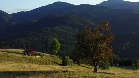 wooden bench mountains nobody in shot against amazing green hills landscape