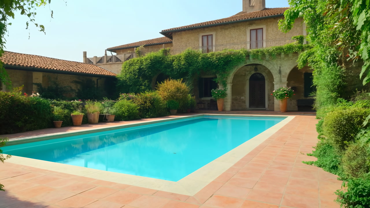 Sunlit Mediterranean Villa Courtyard With Pool Framed By Lush Greenery And Terracotta Tiles, Secluded Tranquil