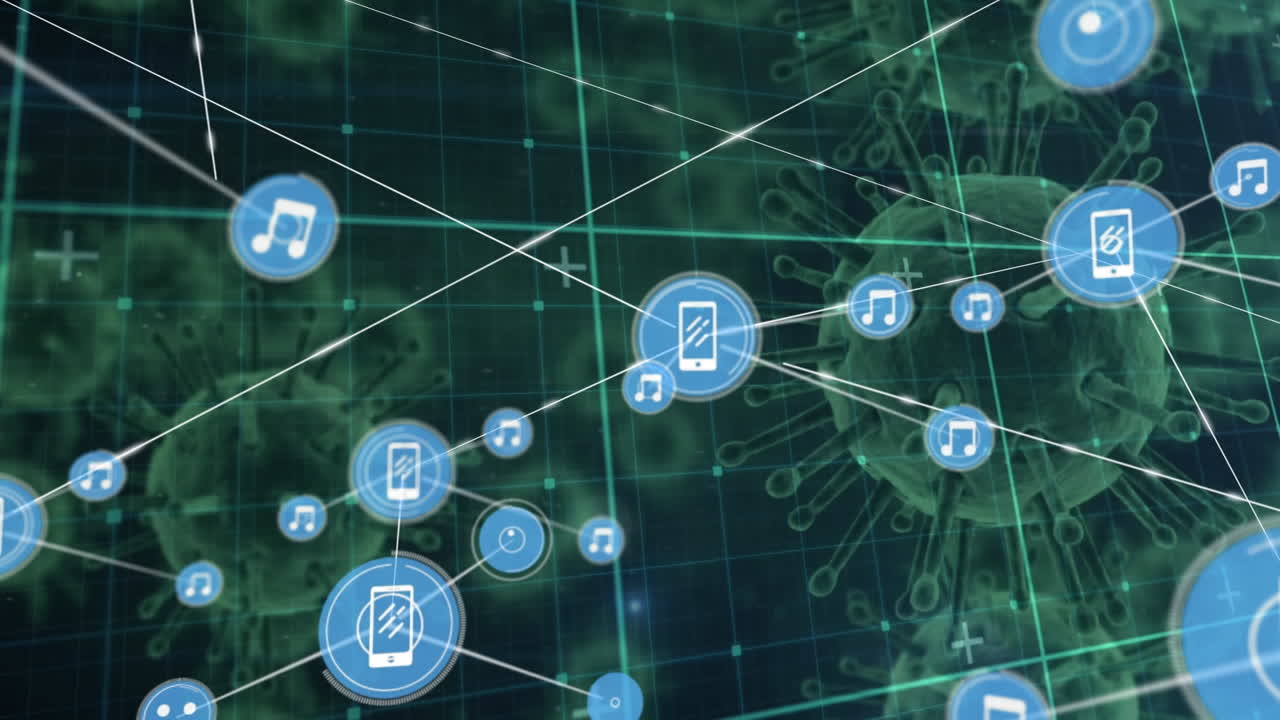 녹색 배경에 있는 여러 코로나19 세포에 대한 그리드 네트워크를 통한 디지털 아이콘 네트워크