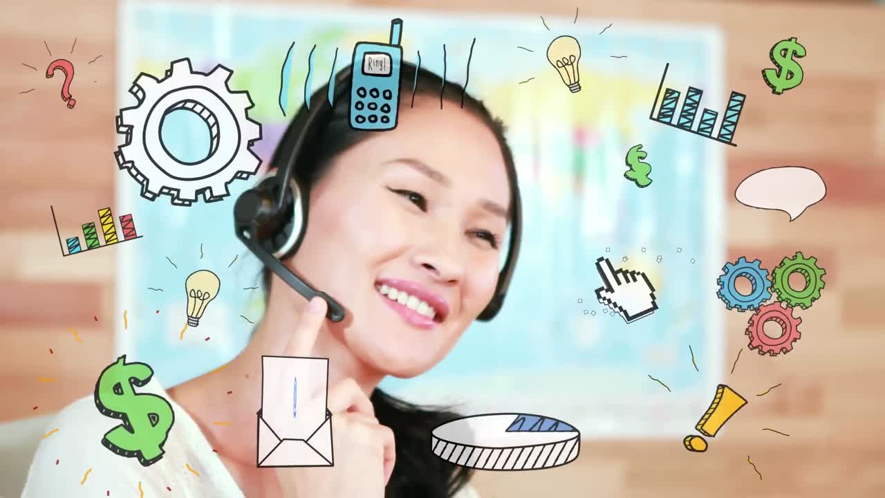 전화 헤드 ⁇ 을 사용하는 여성 위에 나타나는 연결 아이콘의 애니메이션