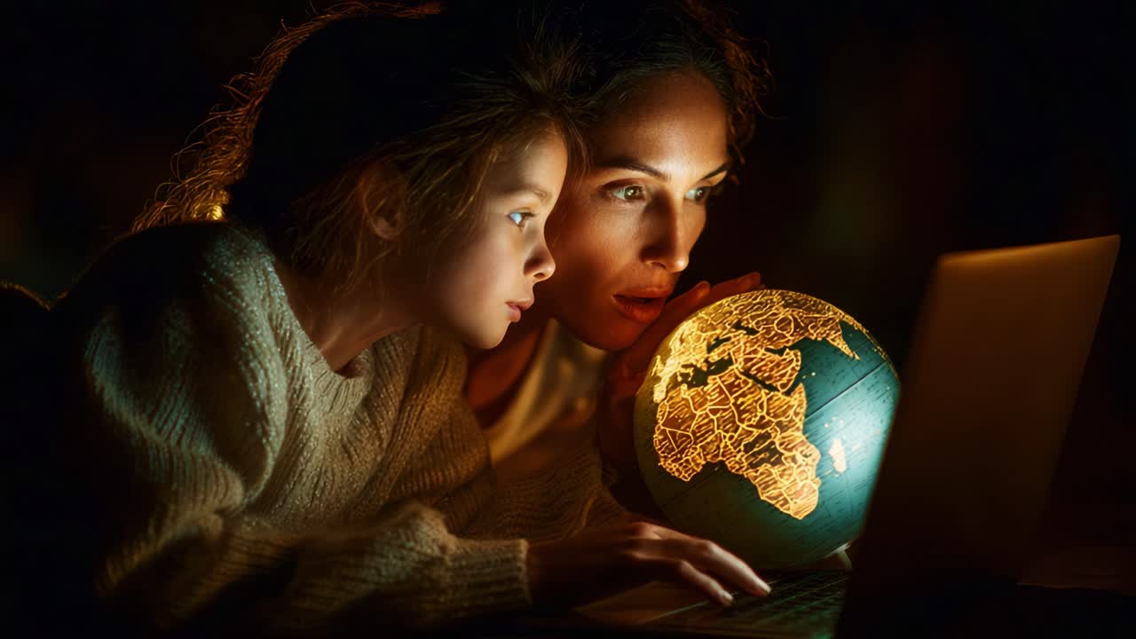 A mother and daughter share a magical moment, exploring the illuminated globe together while captivated by the wonders of the world and the possibilities it unfolds before them