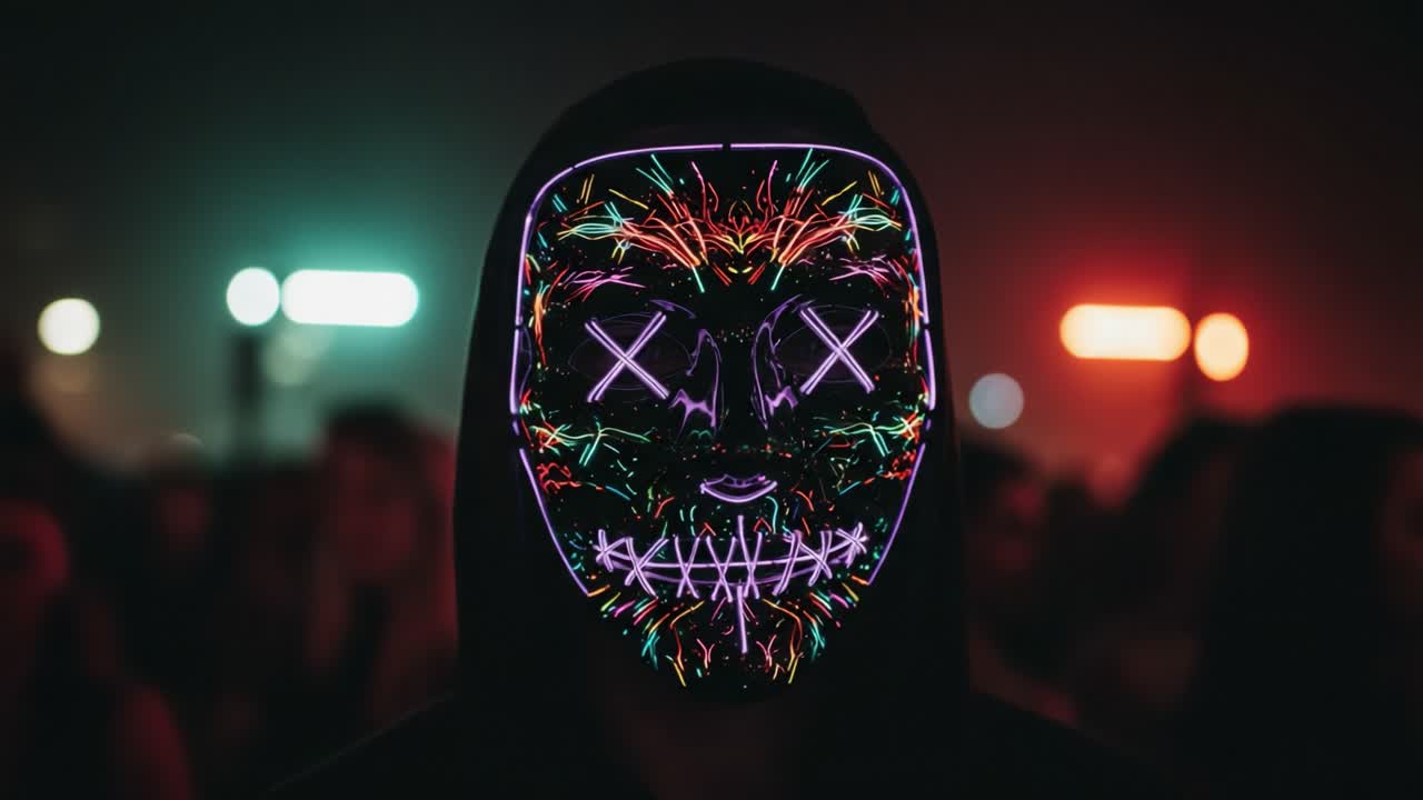 Illuminated Masked Figure Amidst a Crowded Event, Capturing the Essence of Nighttime Celebrations with Vibrant Colors and Eerie Aesthetics in a Festive Atmosphere