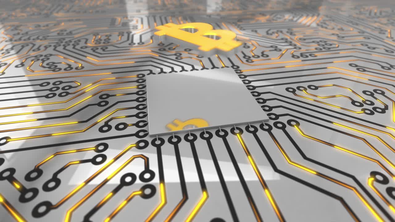 밝은 오렌지 회전 컴퓨터 회로 보드 개념 비트코인 루프 4k