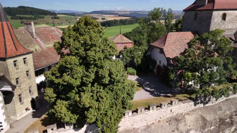 medieval town buildings rue switzerland aerial drone europe smallest village