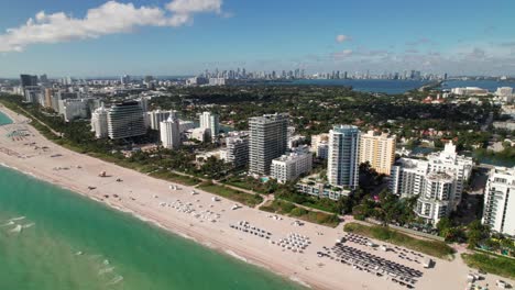 Miami-Skyline-from-Miami-Beach,-beachfront-resorts-in-Florida