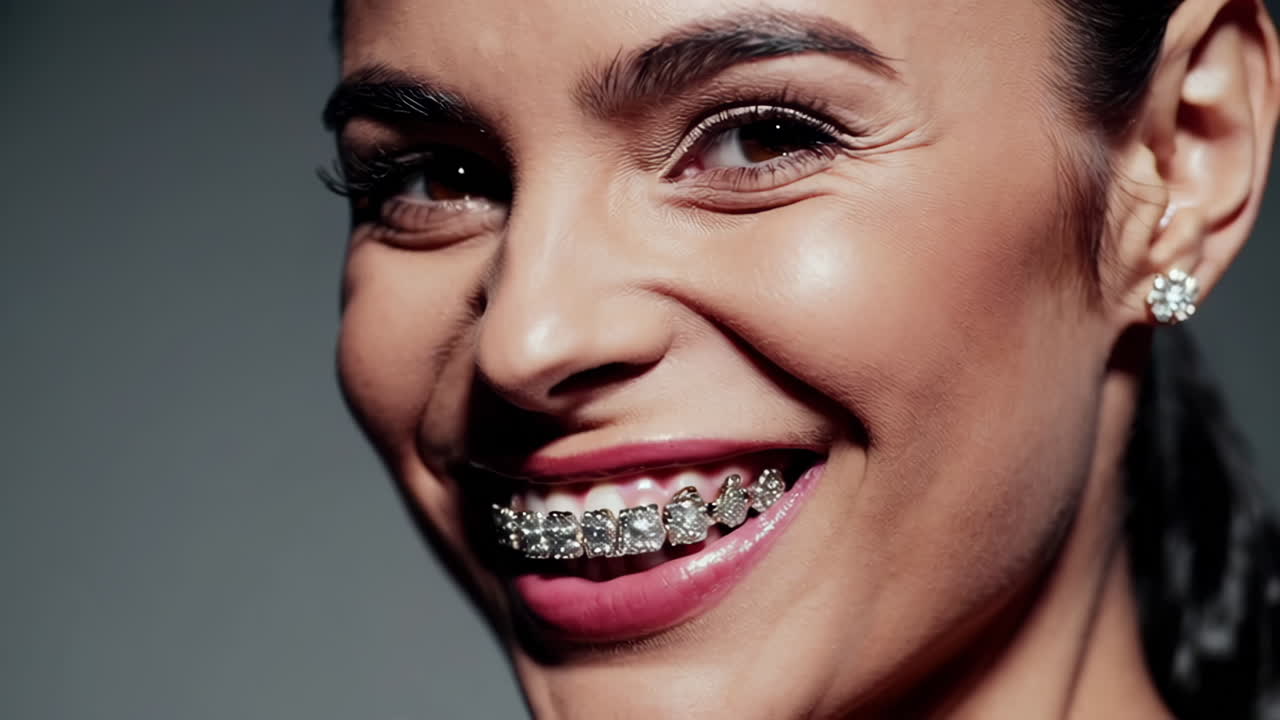 Close-up of a smiling woman with diamond braces