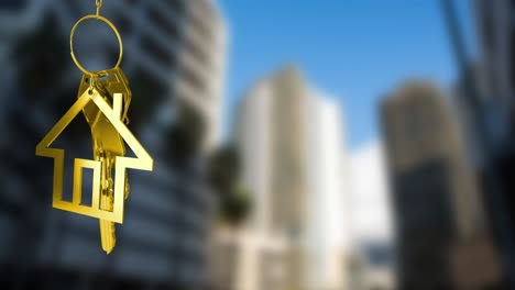 Animation-of-hanging-golden-house-keys-against-blurred-view-of-tall-buildings-with-copy-space